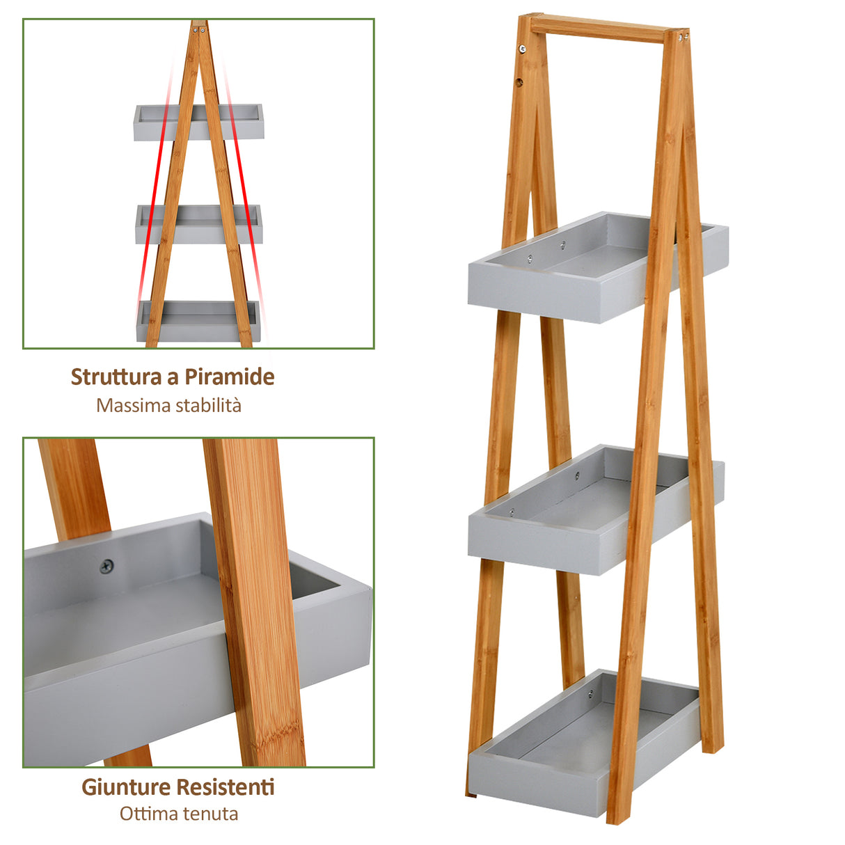 easycomfort easycomfort scaffale salvaspazio da bagno in mdf e bambu forma a piramide con 3 mensole color legno e grigio 30x18x81cm ean 8054111842150