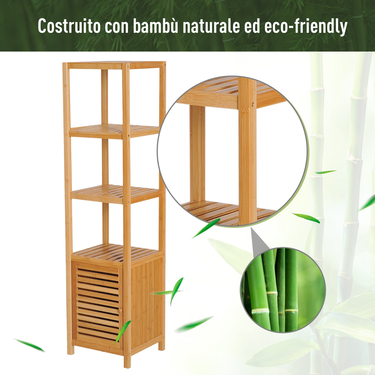easycomfort easycomfort mobile alto bagnoterrazzo scaffale a torre in bambu 4 ripiani armadietto con anta 36x33x140cm color legno ean 8054111845311
