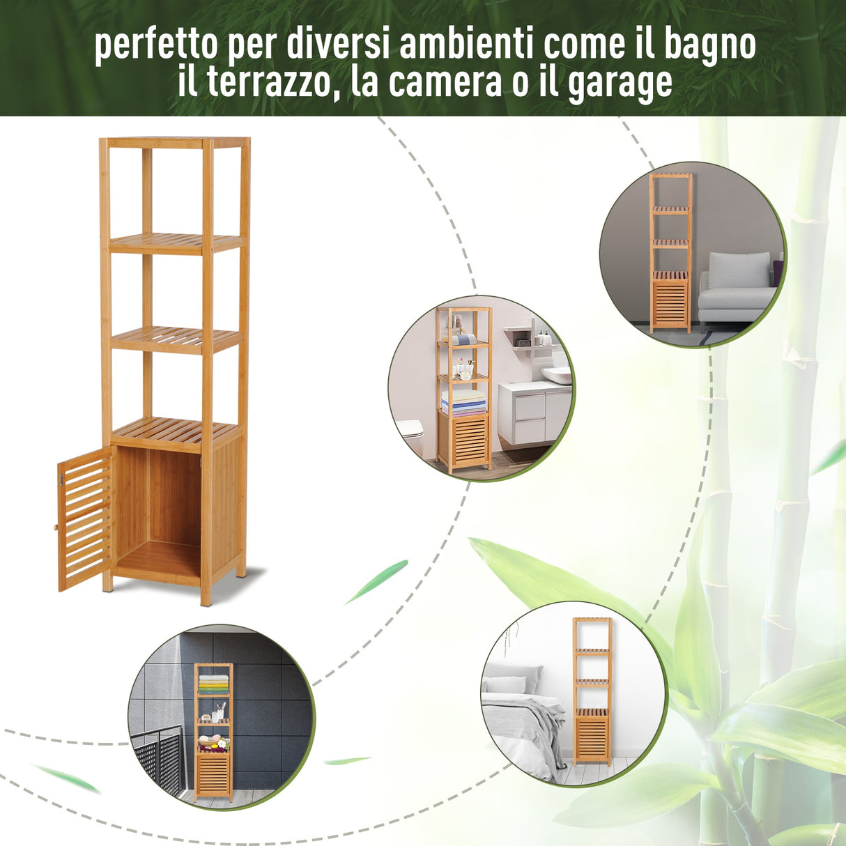 easycomfort easycomfort mobile alto bagnoterrazzo scaffale a torre in bambu 4 ripiani armadietto con anta 36x33x140cm color legno ean 8054111845311
