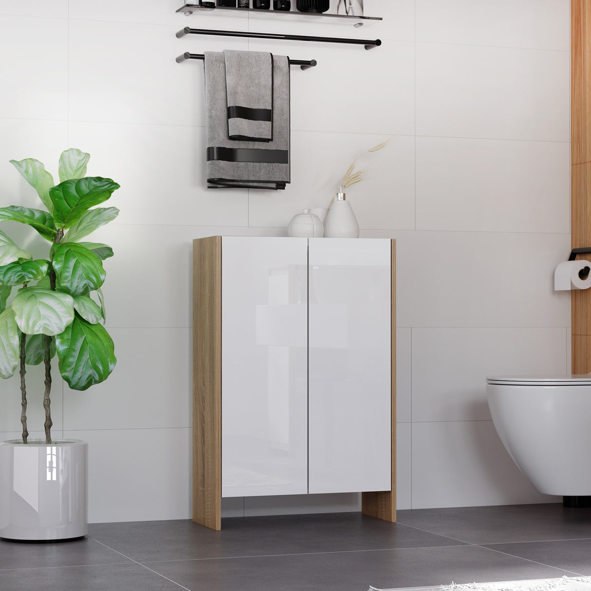 easycomfort easycomfort armadietto a due ante per bagno mobiletto da ingresso o camera in legno color rovere e bianco 60 x 25 x 90cm ean 8054111847759