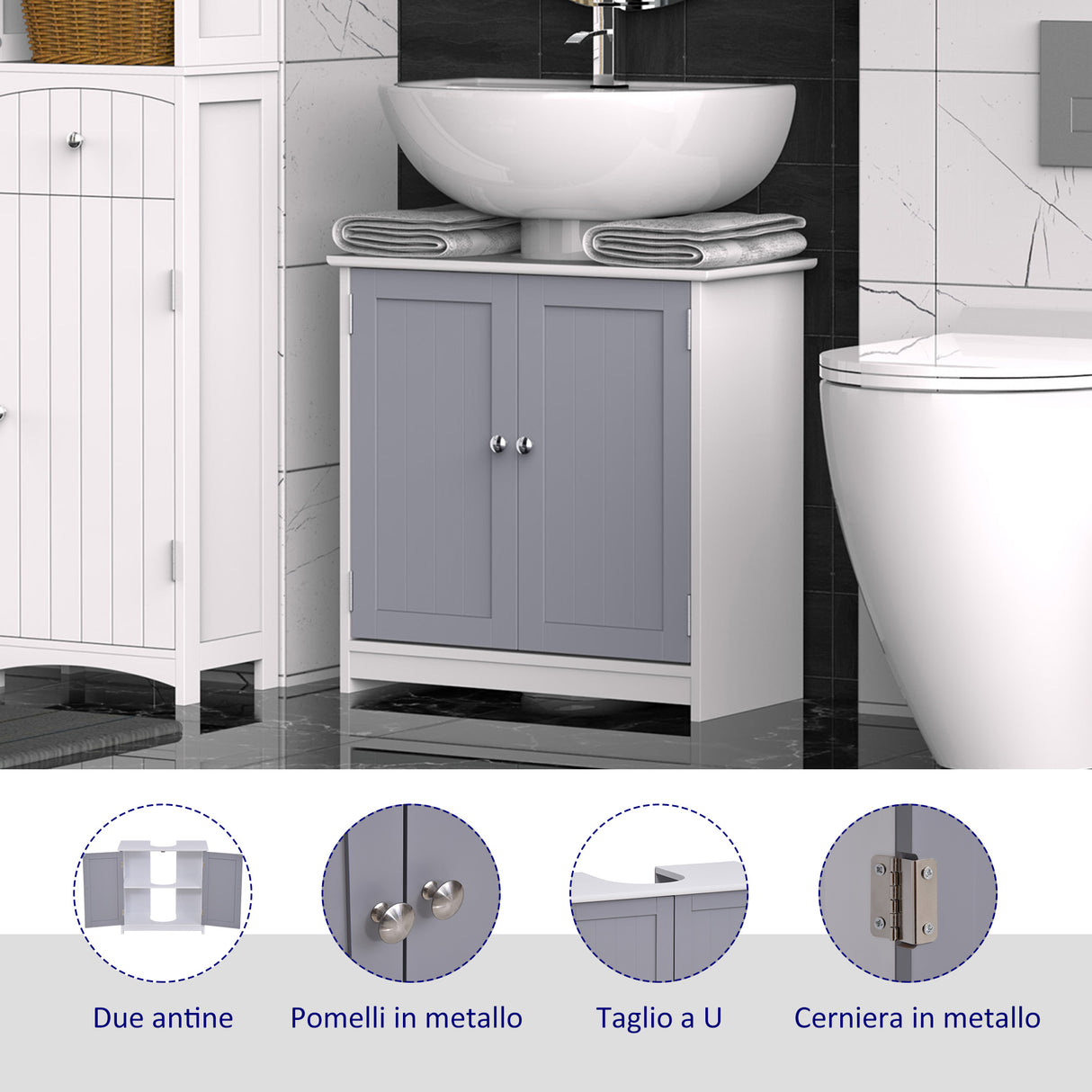 easycomfort easycomfort mobile sotto lavabo bagno con taglio a u armadietto 2 ante con mensola regolabile in mdf 60x30x60cm bianco grigio