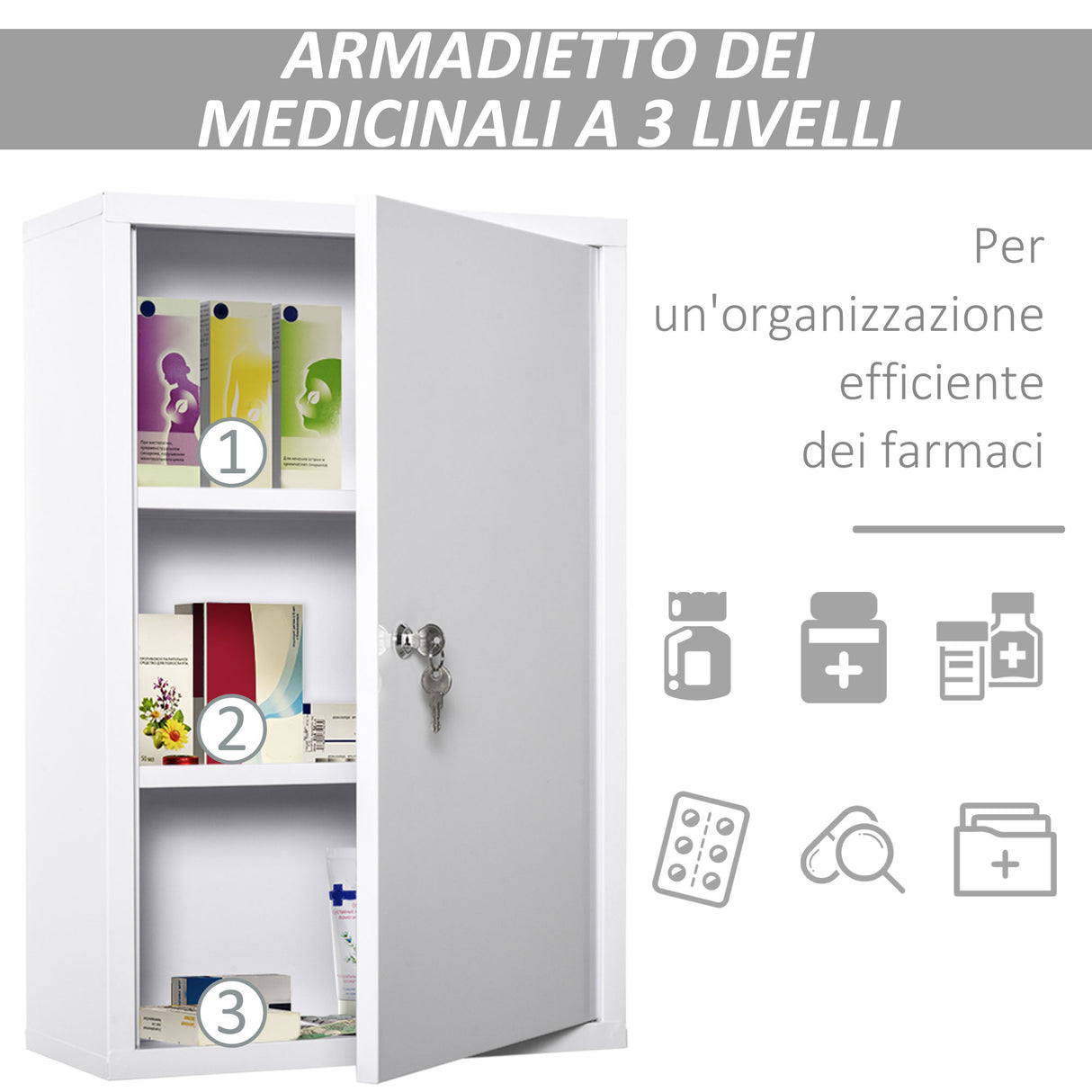 easycomfort easycomfort armadietto medicinali a 3 livelli in acciaio con 2 chiavi e montaggio a parete 40x18x60 cm bianco