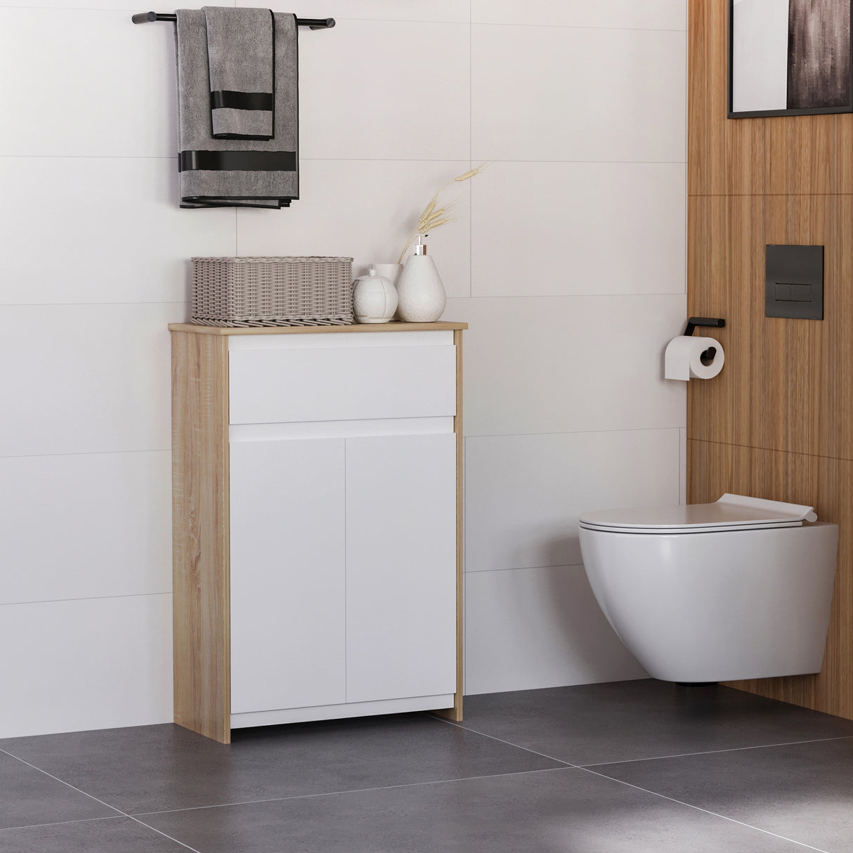 easycomfort easycomfort mobile bagno multiuso mobiletto da bagno con armadietto e cassetto salvaspazio color legno e bianco 60x30x90cm