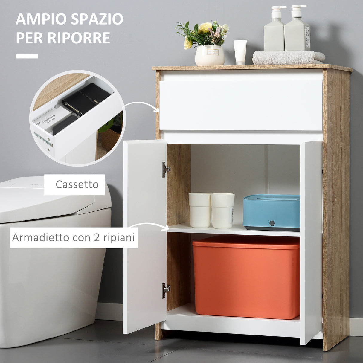 easycomfort easycomfort mobile bagno multiuso mobiletto da bagno con armadietto e cassetto salvaspazio color legno e bianco 60x30x90cm