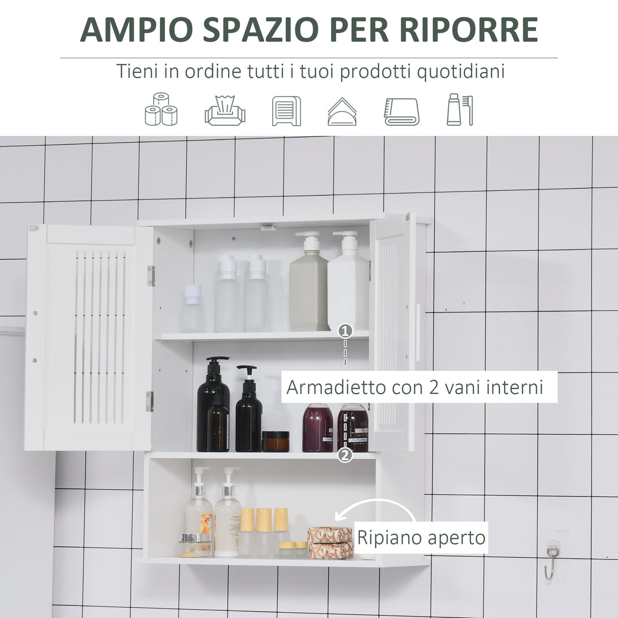 easycomfort easycomfort mobiletto da bagno a muro salvaspazio con armadietto e ripiano 60x20x70 cm bianco