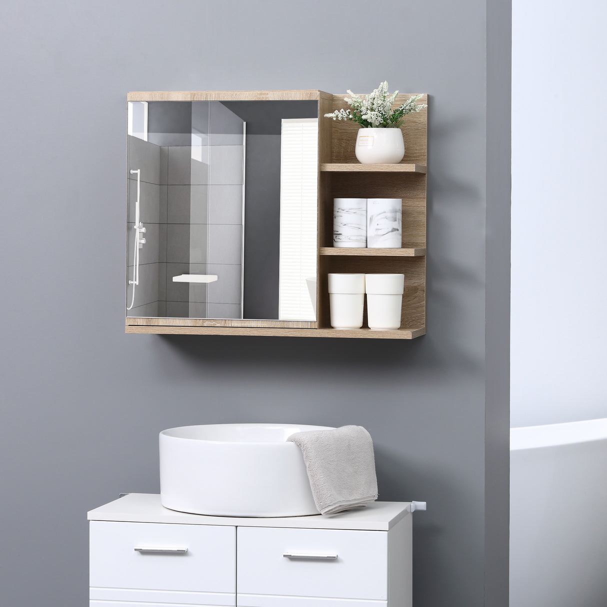 easycomfort easycomfort specchiera bagno a parete con anta e 3 ripiani laterali in legno 60x18x50cm