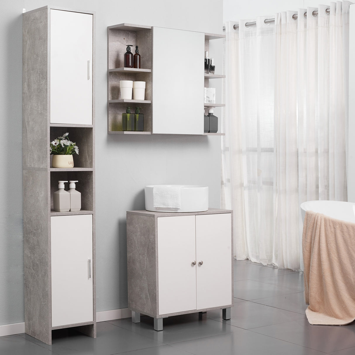 easycomfort easycomfort colonna bagno con 2 armadietti e 2 vani aperti in legno effetto cemento 30x30x180cm