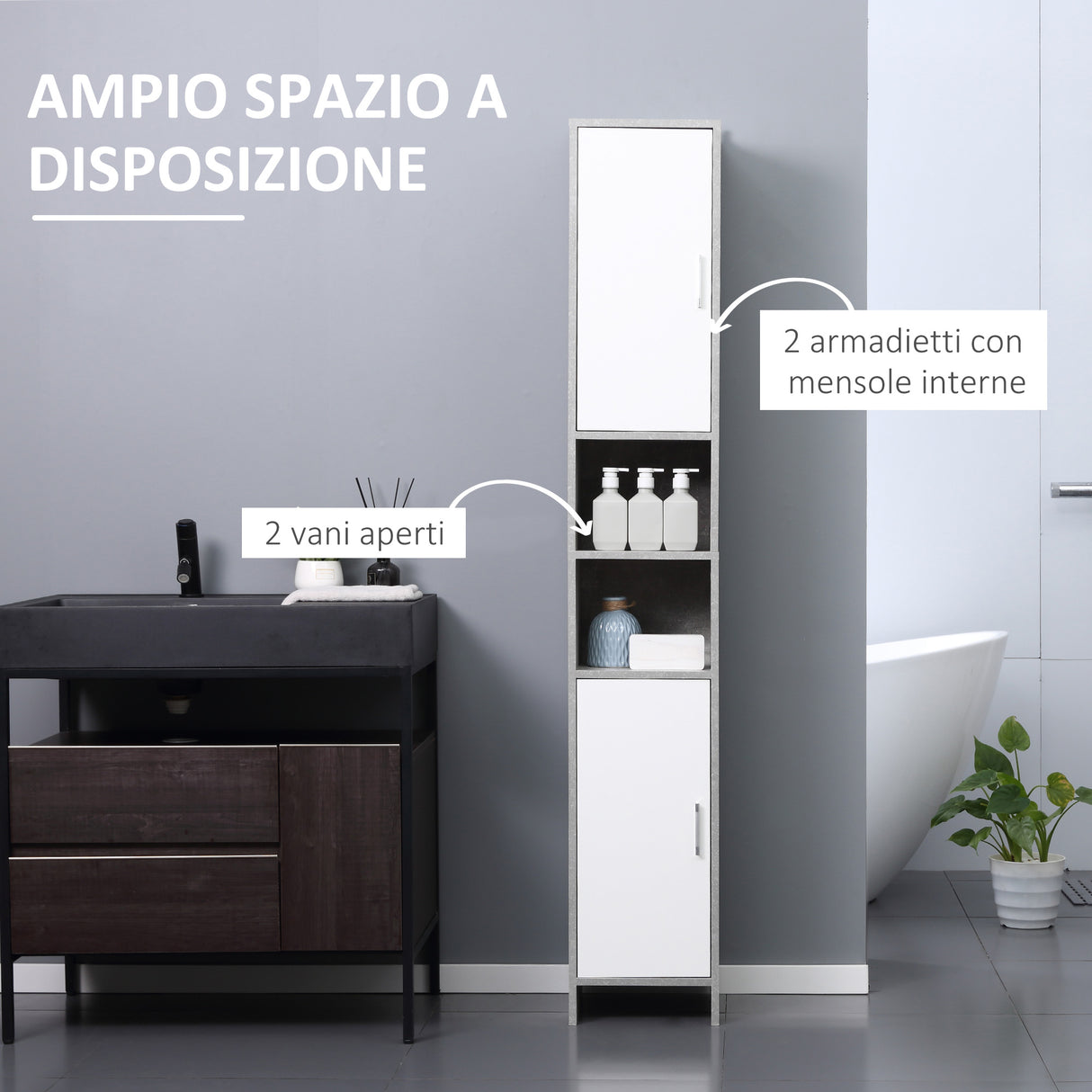 easycomfort easycomfort colonna bagno con 2 armadietti e 2 vani aperti in legno effetto cemento 30x30x180cm