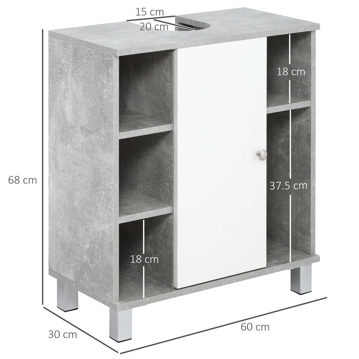 easycomfort easycomfort mobiletto sottolavandino con intaglio a u e 6 ripiani in legno 60x30x68cm bianco grigio