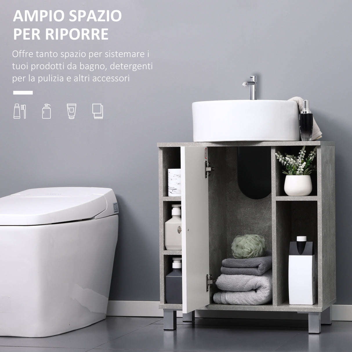easycomfort easycomfort mobiletto sottolavandino con intaglio a u e 6 ripiani in legno 60x30x68cm bianco grigio
