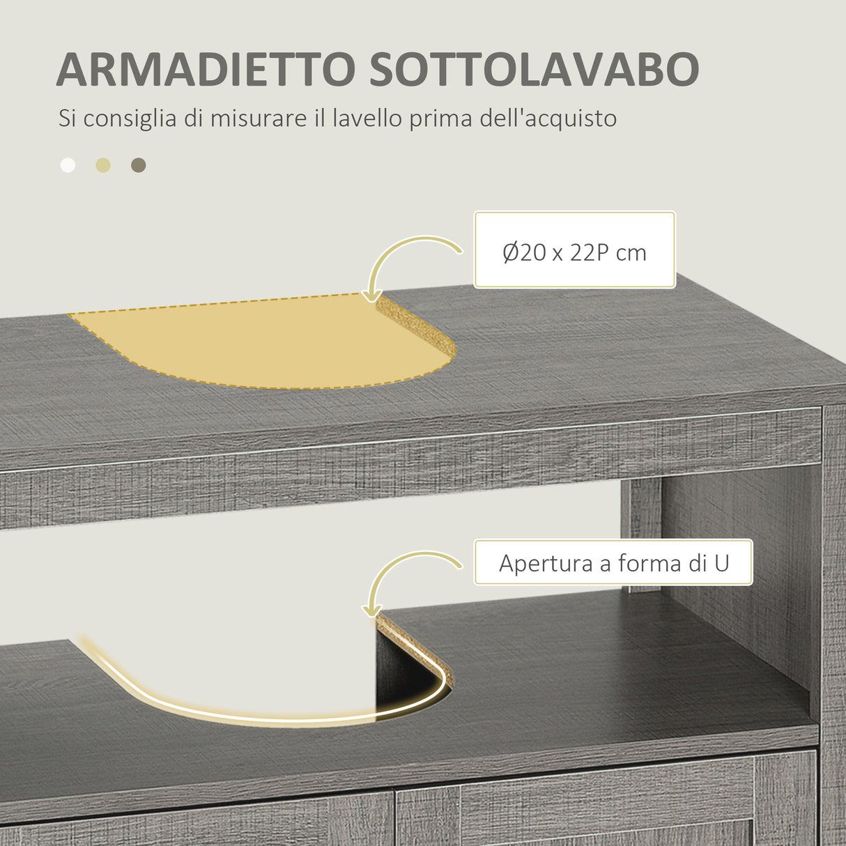 easycomfort easycomfort mobile sottolavabo con armadietto a 2 ante e ripiani in legno 60x30x60cm grigio