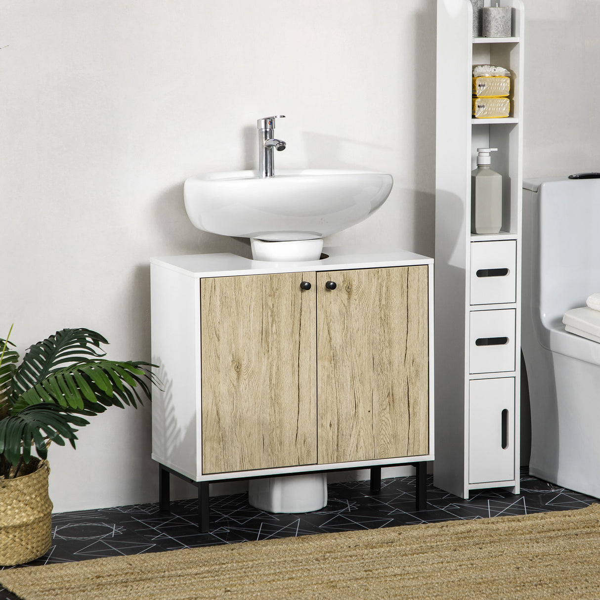 easycomfort easycomfort mobile bagno sotto lavabo a 2 ante con ripiano interno in truciolato e acciaio 60x30x60 cm bianco e rovere