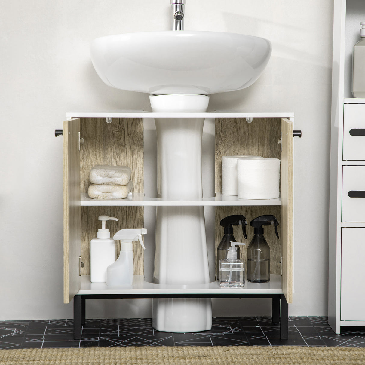 easycomfort easycomfort mobile bagno sotto lavabo a 2 ante con ripiano interno in truciolato e acciaio 60x30x60 cm bianco e rovere