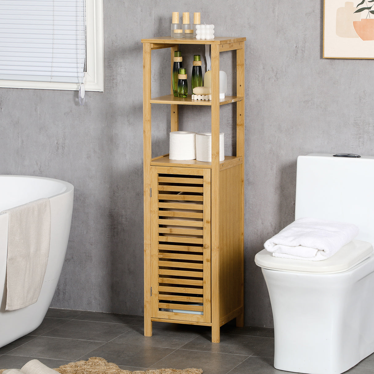 easycomfort easycomfort armadietto bagno in bambu con 2 ripiani aperti e armadietto a 2 livelli 32 9x29 9x120 cm