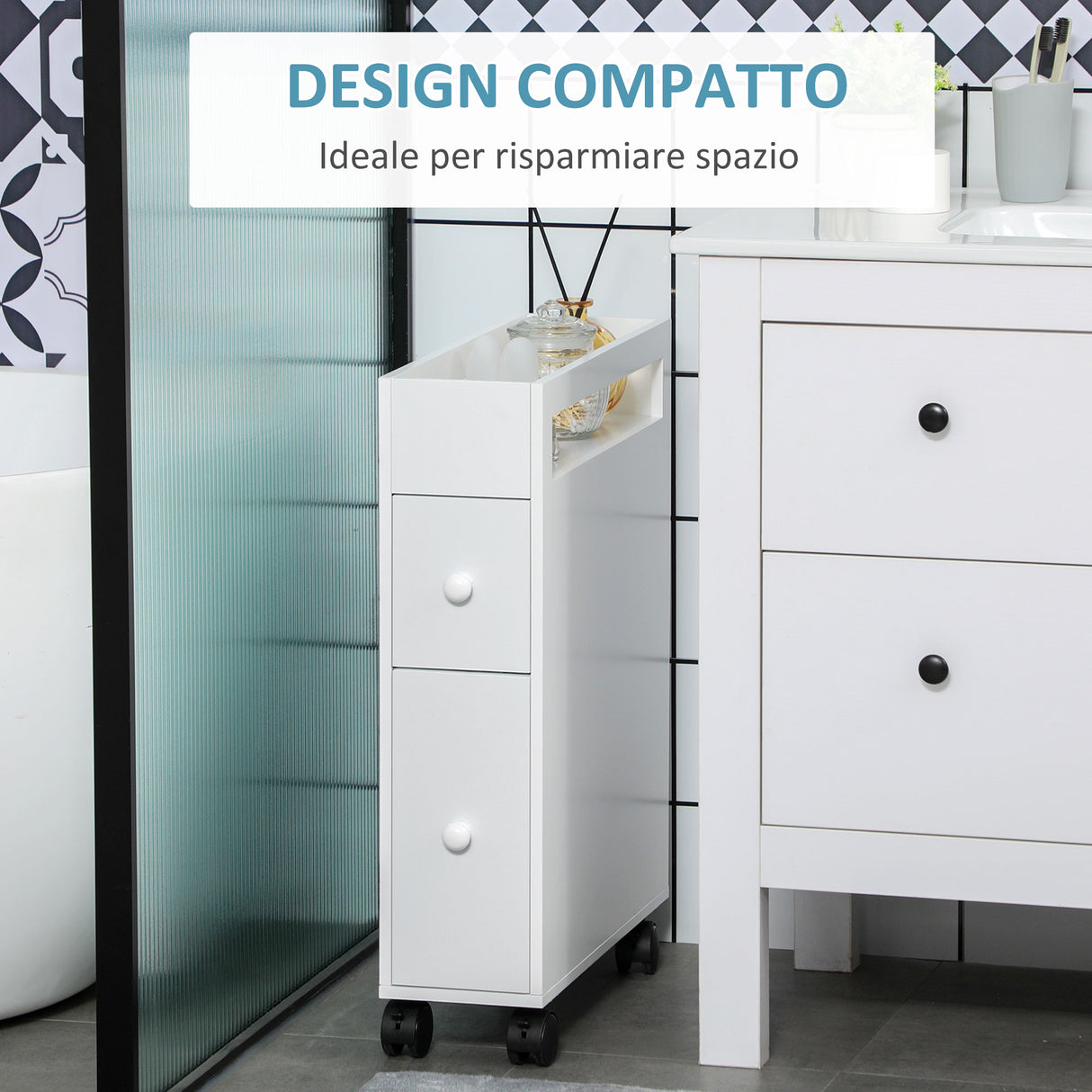 easycomfort easycomfort mobiletto salvaspazio bagno con 4 ruote 2 cassetti e ripiano aperto 16x49 5x66cm bianco