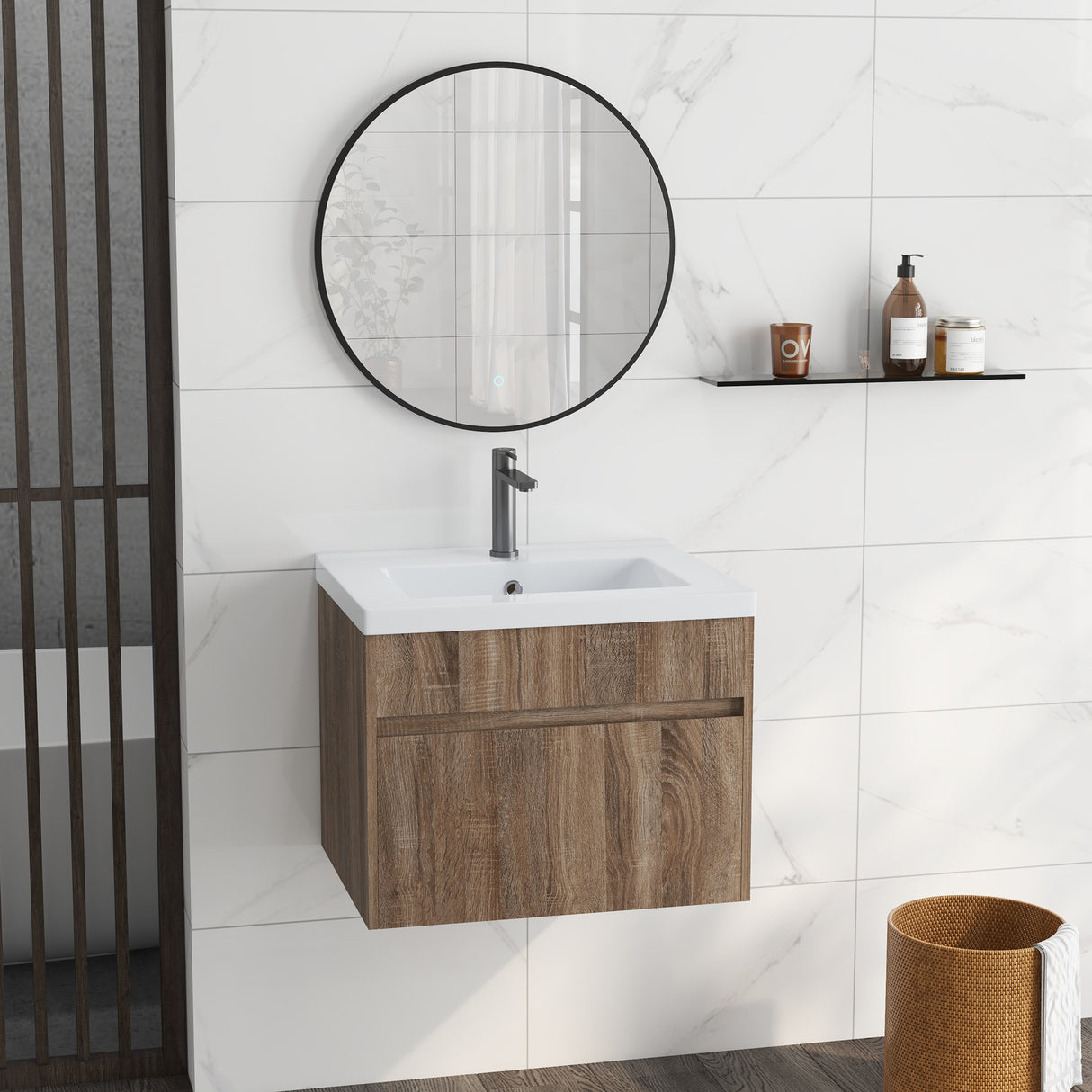 easycomfort easycomfort mobile lavabo da 60cm con cassetto in legno e lavandino in ceramica marrone chiaro
