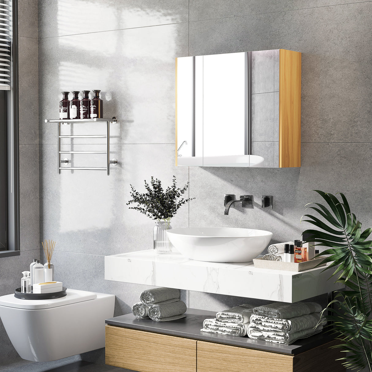 easycomfort easycomfort armadietto specchiera bagno a 3 ante con mensole regolabili 68x22x60cm bianco