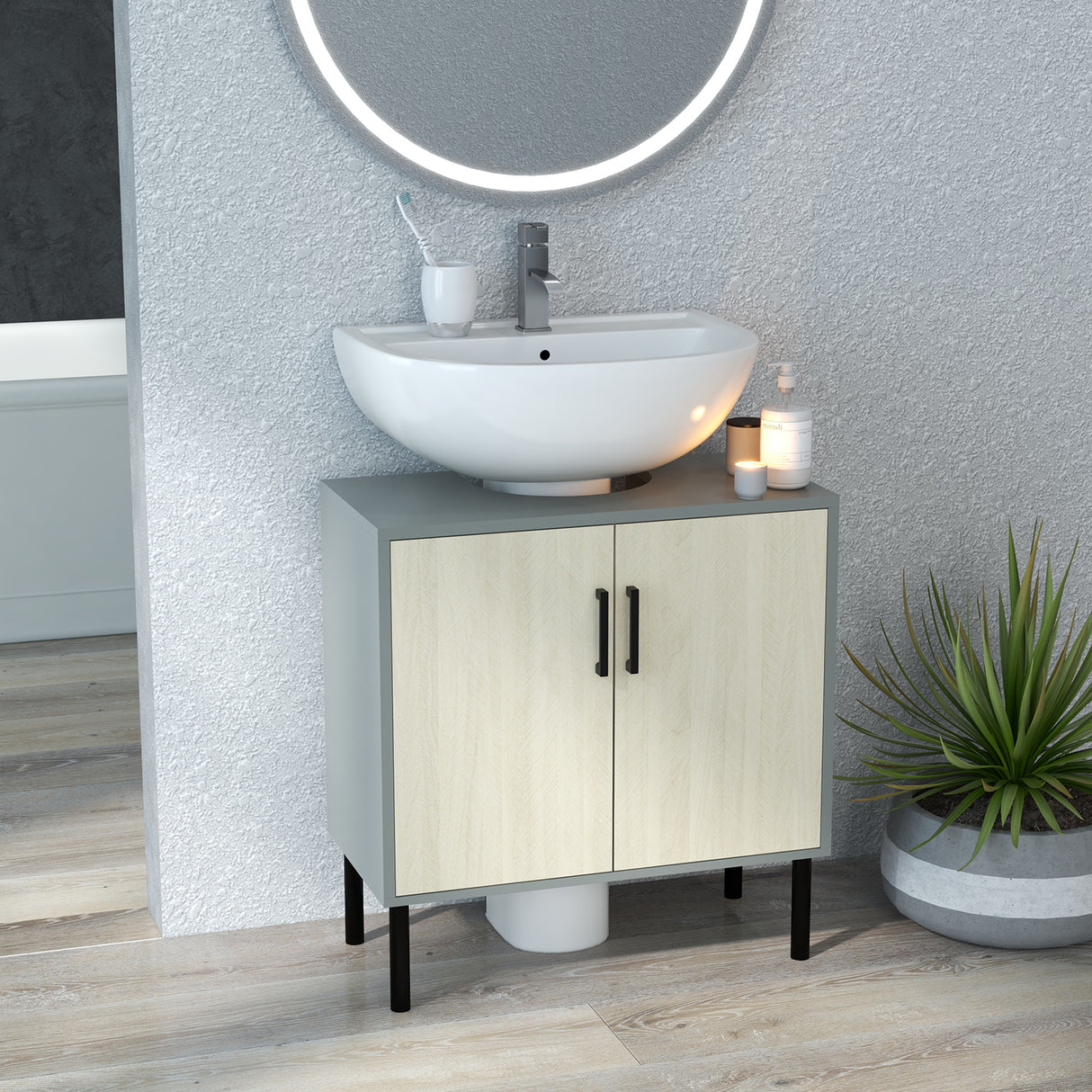 easycomfort easycomfort mobile bagno sottolavabo con doppia anta e ripiano in truciolato 60x30x60cm grigio e color quercia