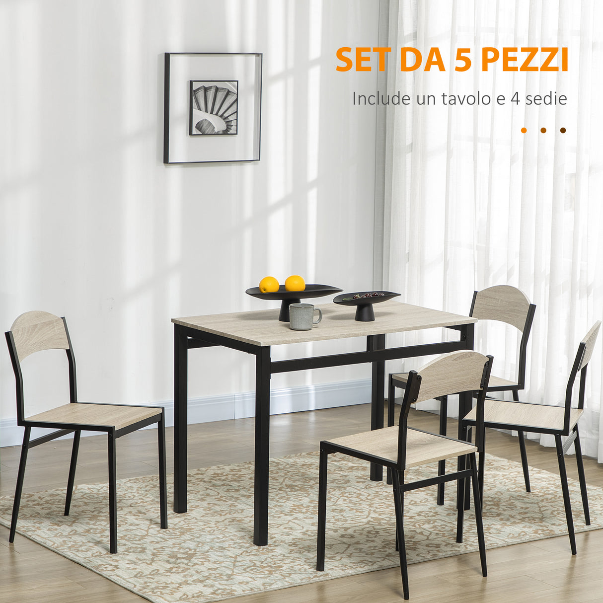 easycomfort easycomfort set da pranzo con tavolo rettangolare e 4 sedie in acciaio e mdf nero e rovere