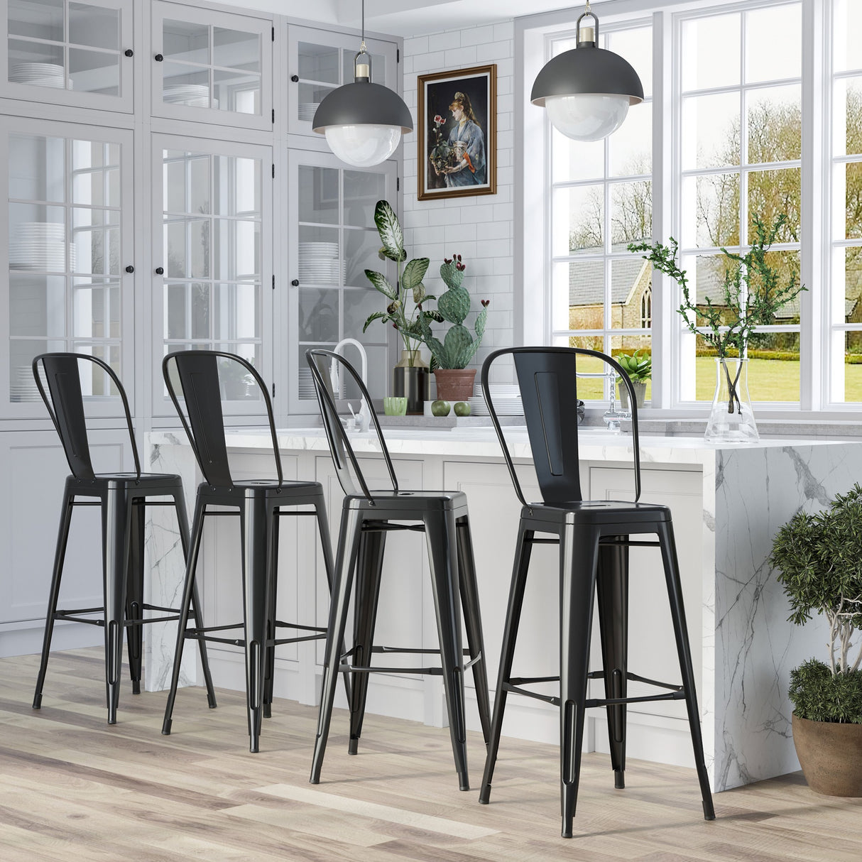 easycomfort easycomfort set 4 sgabelli da bar impilabile sedie alti da cucina in metallo con schienale rimovibile design industriale con poggiapiedi 44x49x116cm nero ean 8055776913988