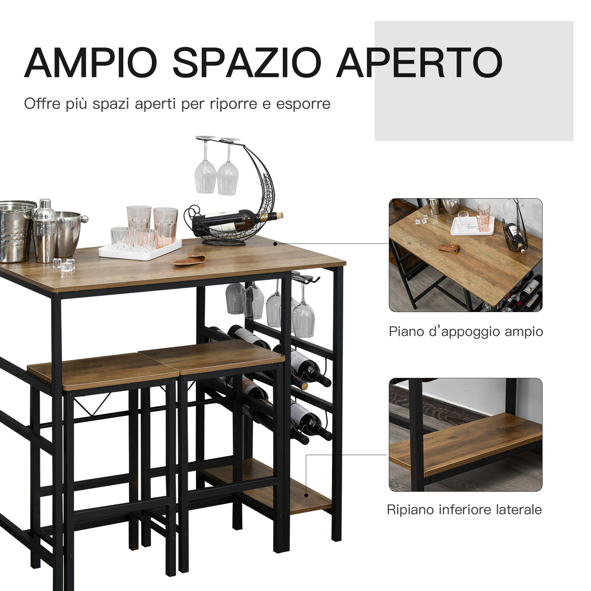 easycomfort easycomfort set tavolo 2 sgabelli alti da bar in legno isola cucina con portabottiglie e portabicchieri in stile industriale ean 8055776914565