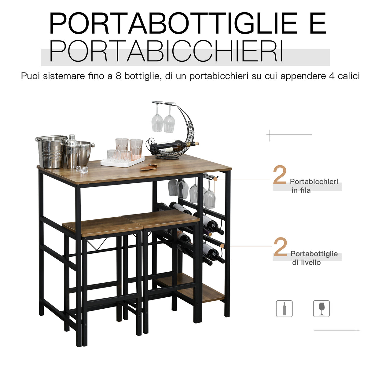 easycomfort easycomfort set tavolo 2 sgabelli alti da bar in legno isola cucina con portabottiglie e portabicchieri in stile industriale ean 8055776914565