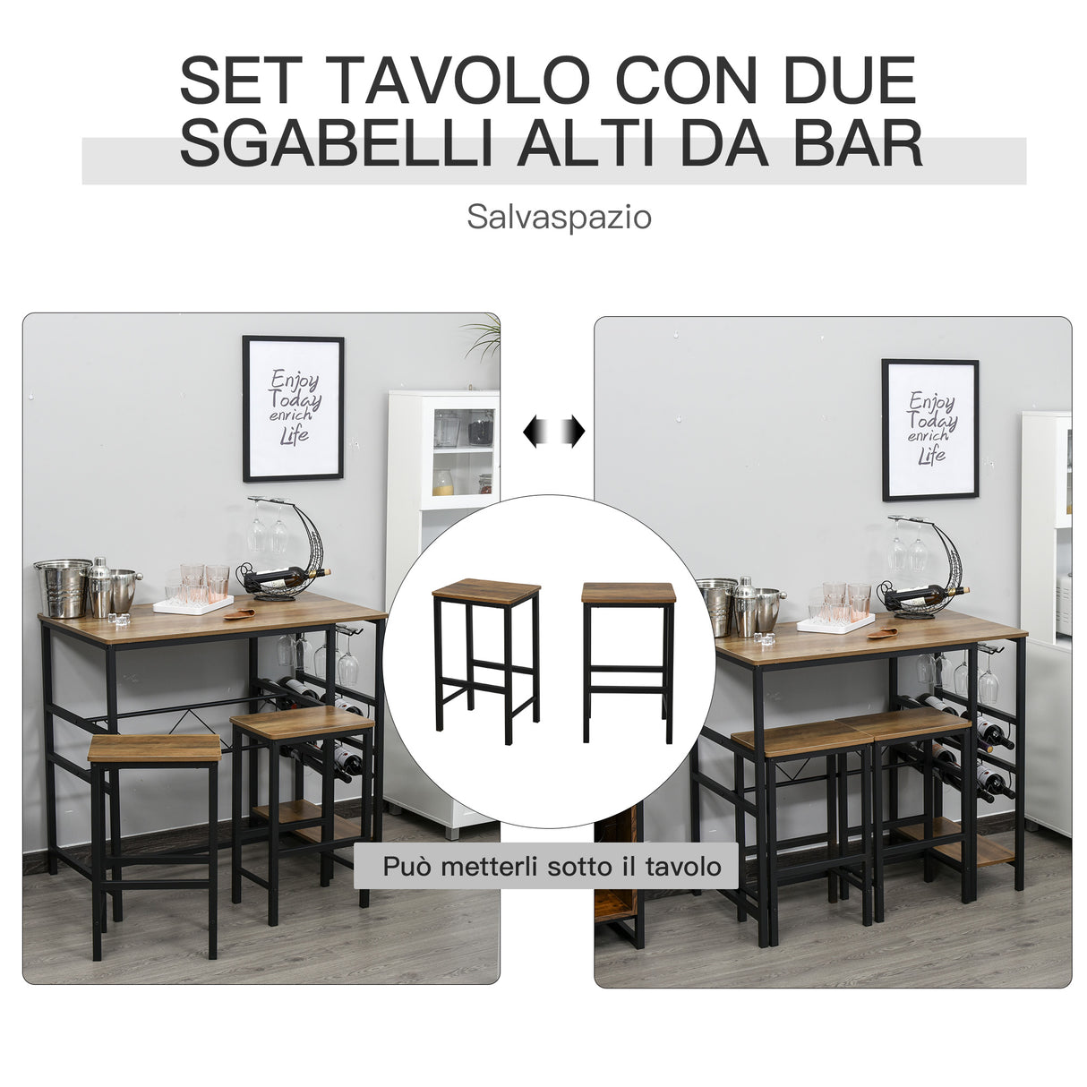 easycomfort easycomfort set tavolo 2 sgabelli alti da bar in legno isola cucina con portabottiglie e portabicchieri in stile industriale ean 8055776914565
