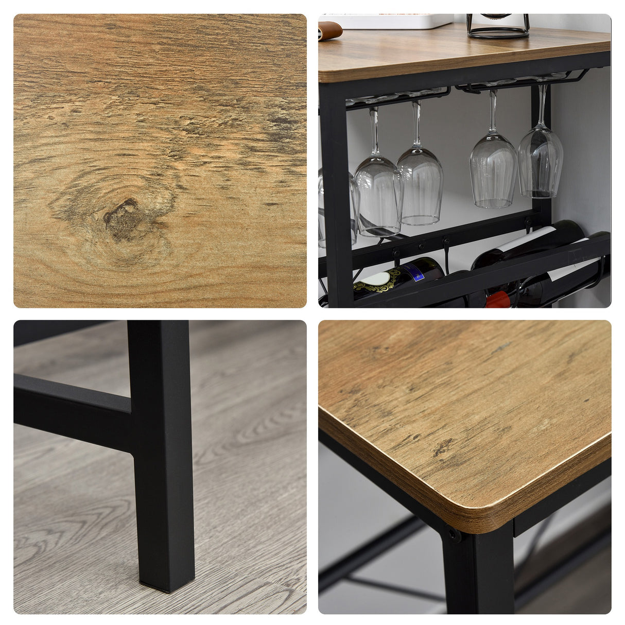 easycomfort easycomfort set tavolo 2 sgabelli alti da bar in legno isola cucina con portabottiglie e portabicchieri in stile industriale ean 8055776914565