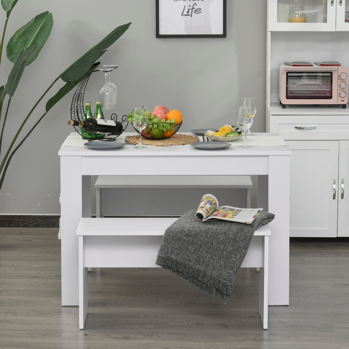 easycomfort easycomfort set 3 pezzi tavolo con 2 panche per cucina bar o sala da pranzo moderna in legno bianco 2 posti 110x70x75cm