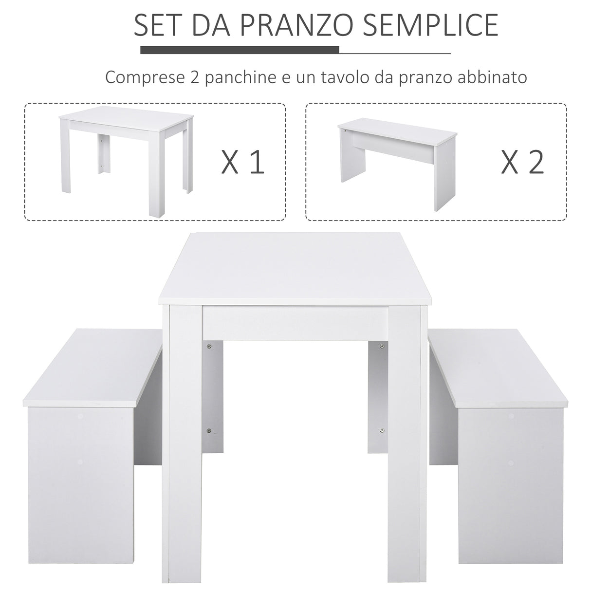 easycomfort easycomfort set 3 pezzi tavolo con 2 panche per cucina bar o sala da pranzo moderna in legno bianco 2 posti 110x70x75cm