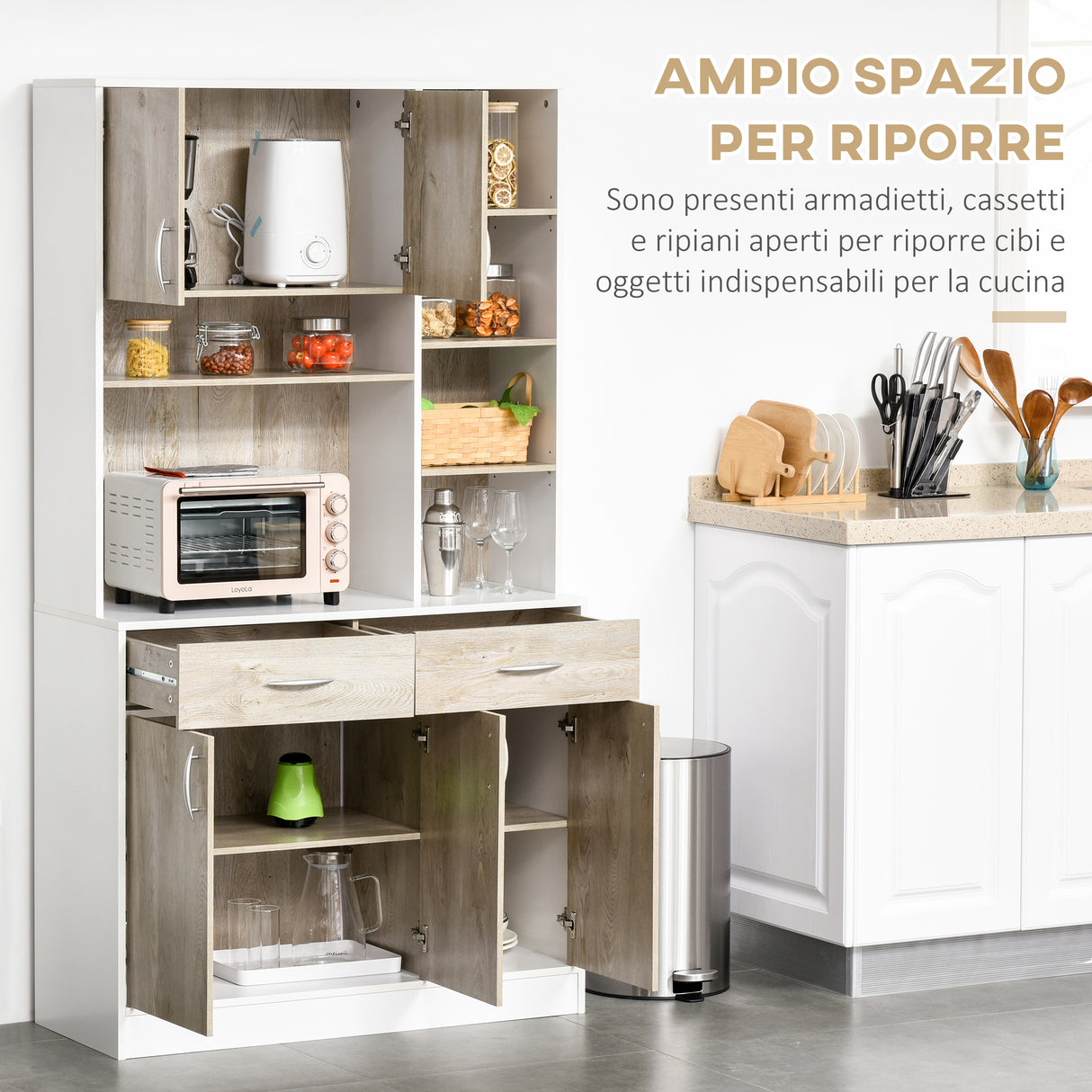 easycomfort easycomfort mobile buffet dispensa cucina ante cassetti e vani aperti 100l x 39p x 181 5acm bianco e legno