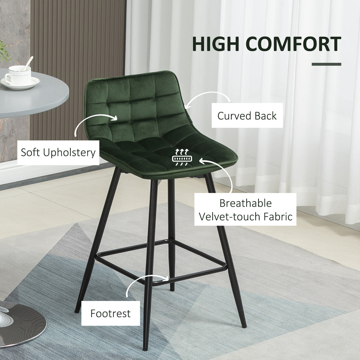easycomfort easycomfort set 2 sgabelli da bar con schienale e poggiapiedi stile nordico in metallo e velluto verde 45x47x84cm