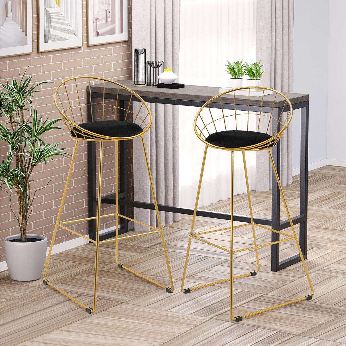 easycomfort easycomfort set 2 sgabelli da bar alti con schienale e poggiapiedi per salotto o cucina stile moderno cuscino in velluto e struttura in metallo 52 5x47x97cm nero e oro