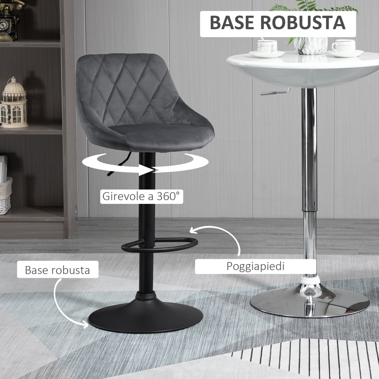 easycomfort easycomfort set 2 sgabelli da bar altezza regolabile con base in metallo e seduta in velluto sgabelli moderni con schienale e poggiapiedi 46x48x83 104cm grigio e nero