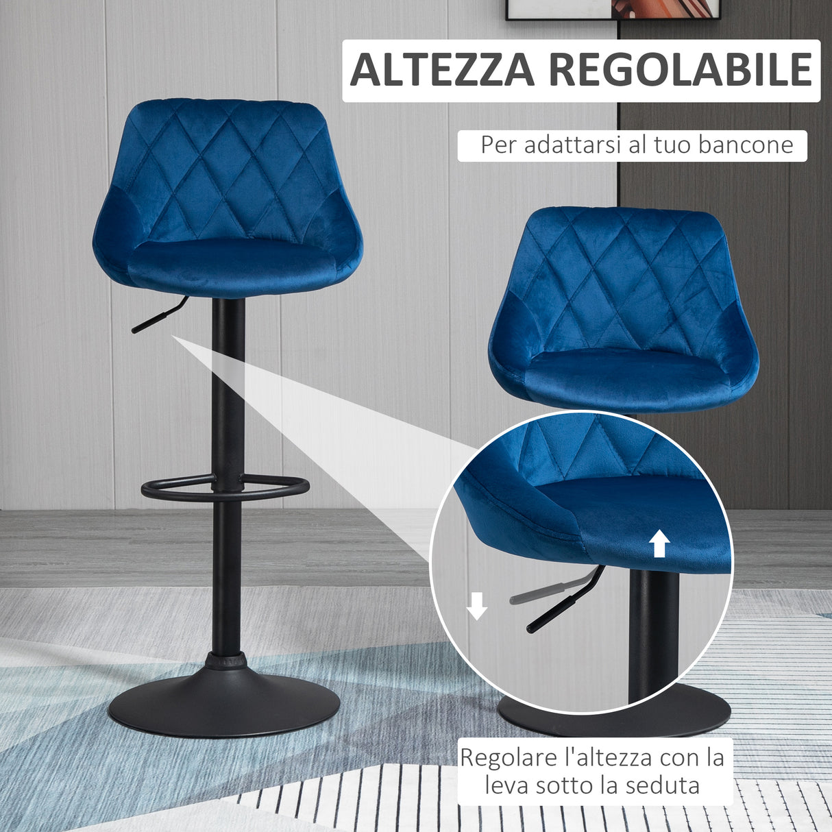 easycomfort easycomfort set 2 sgabelli da bar altezza regolabile con base in metallo e seduta in velluto sgabelli moderni con schienale e poggiapiedi 46x48x83 104cm blu