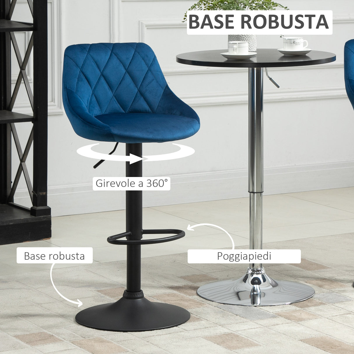 easycomfort easycomfort set 2 sgabelli da bar altezza regolabile con base in metallo e seduta in velluto sgabelli moderni con schienale e poggiapiedi 46x48x83 104cm blu