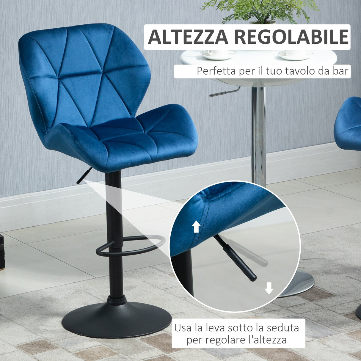 easycomfort easycomfort set 2 sgabelli da bar girevoli con altezza regolabile rivestimento velluto e base rotonda 51 5x57 5x93 114 5cm blu