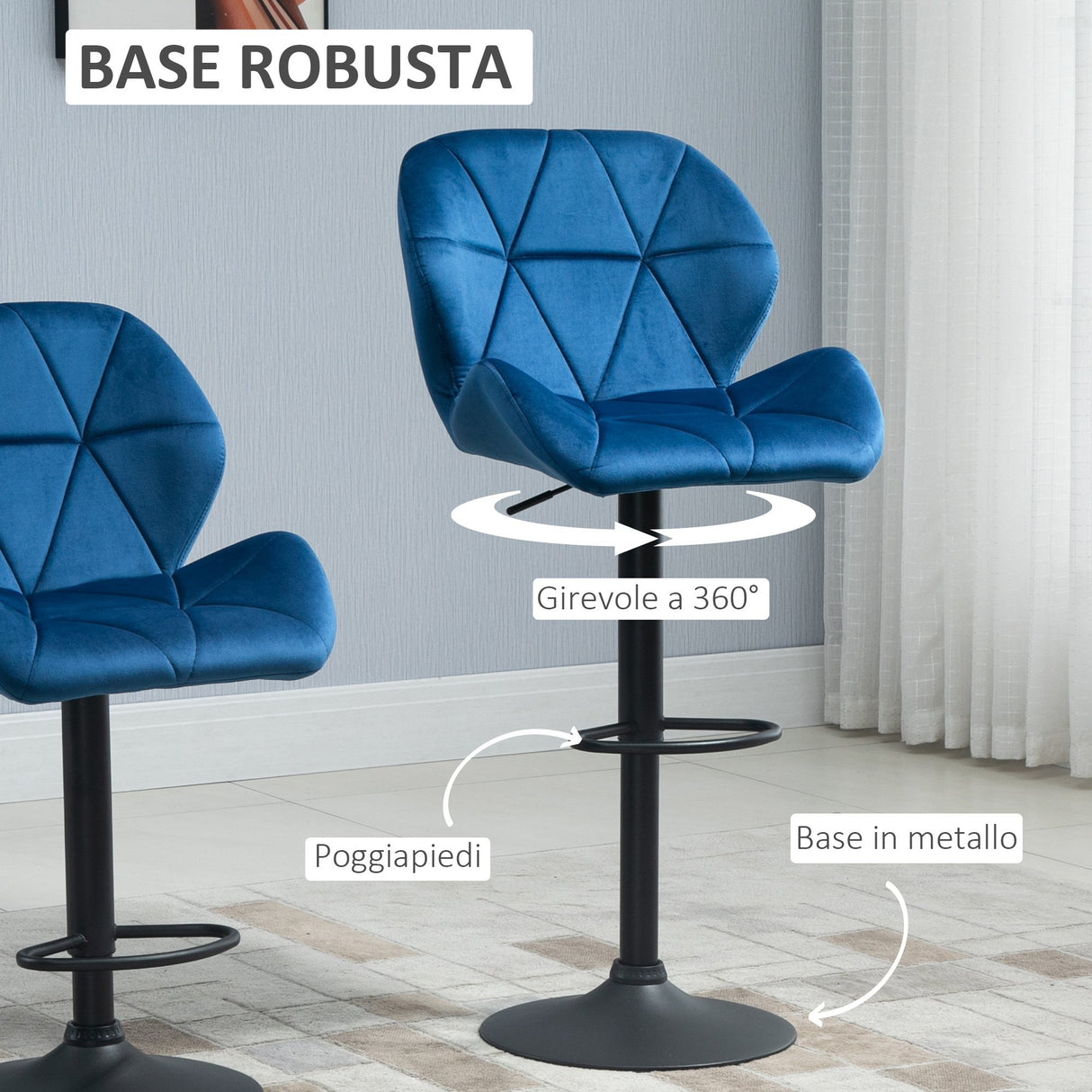 easycomfort easycomfort set 2 sgabelli da bar girevoli con altezza regolabile rivestimento velluto e base rotonda 51 5x57 5x93 114 5cm blu