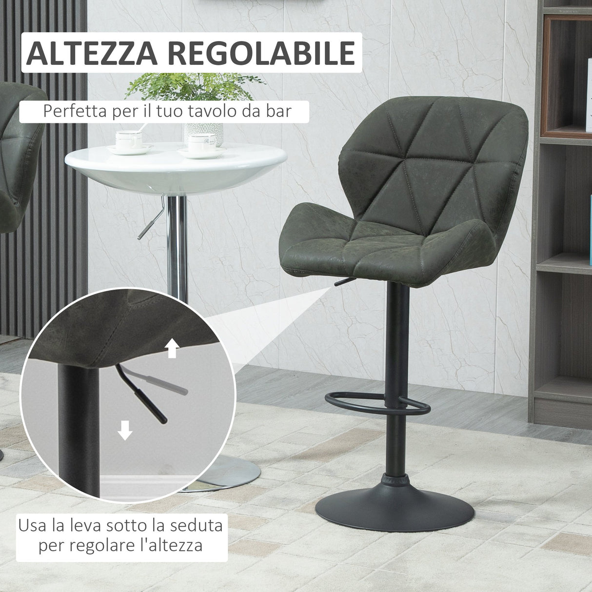 easycomfort easycomfort set 2 sgabelli da bar con altezza regolabile base in metallo e seduta in finta pelle sgabelli con schienale e poggiapiedi 51 5x57 5x93 114 5 cm verde militare
