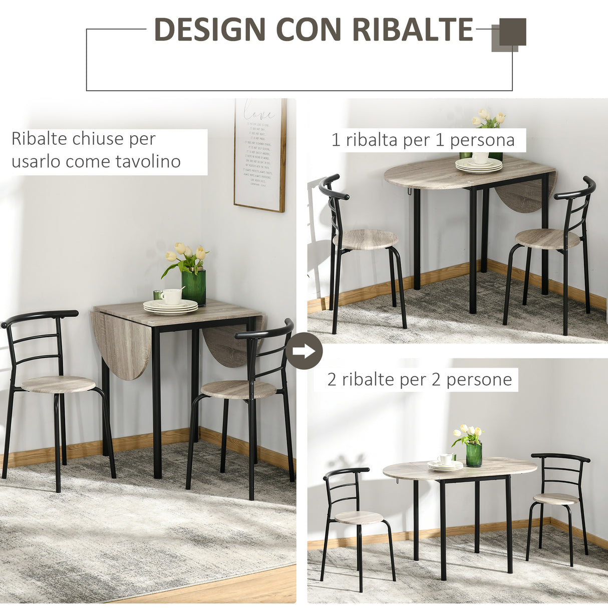easycomfort easycomfort set da pranzo 3 pezzi con 2 sedie e 1 tavolo da pranzo ovale in mdf e acciaio per spazi limitati