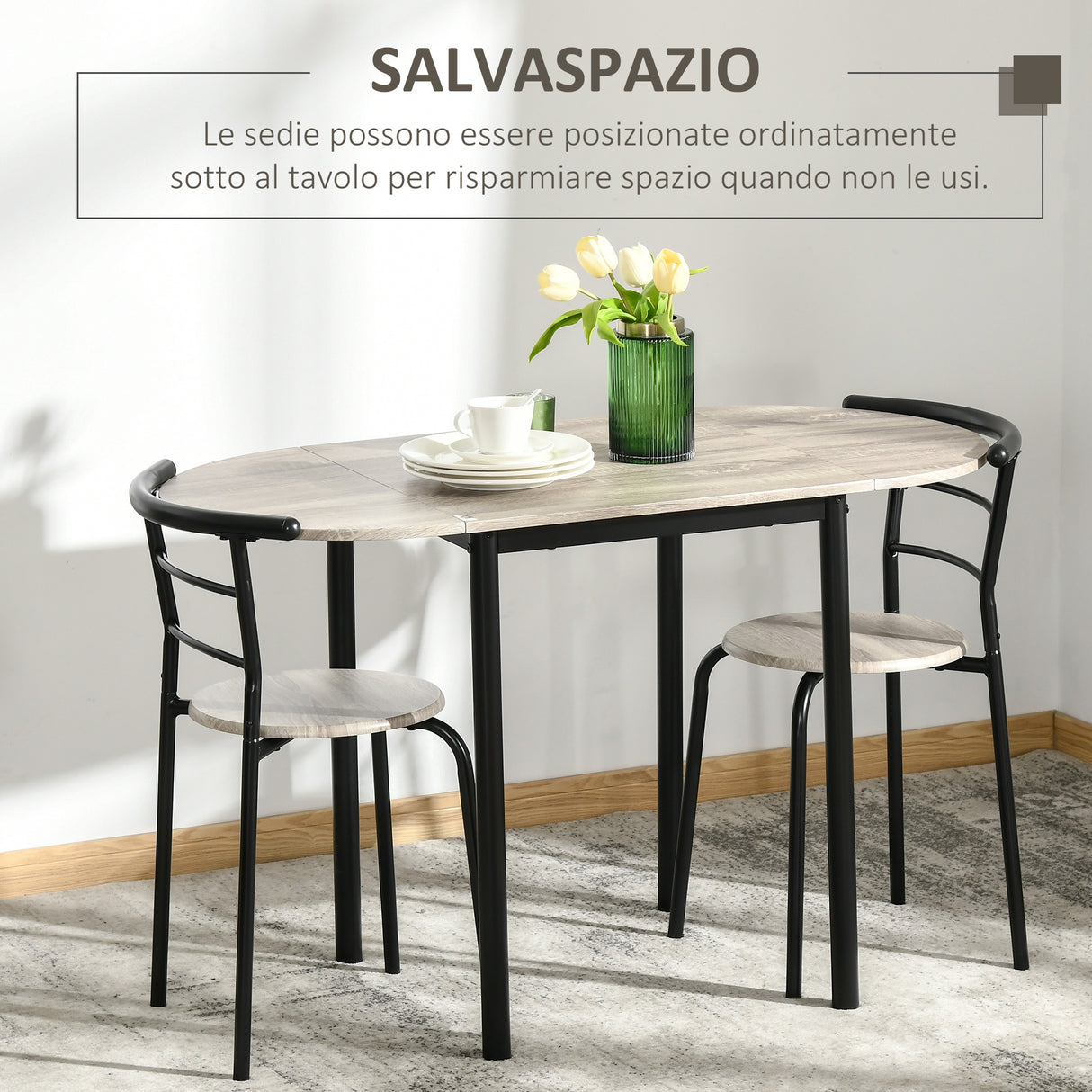 easycomfort easycomfort set da pranzo 3 pezzi con 2 sedie e 1 tavolo da pranzo ovale in mdf e acciaio per spazi limitati