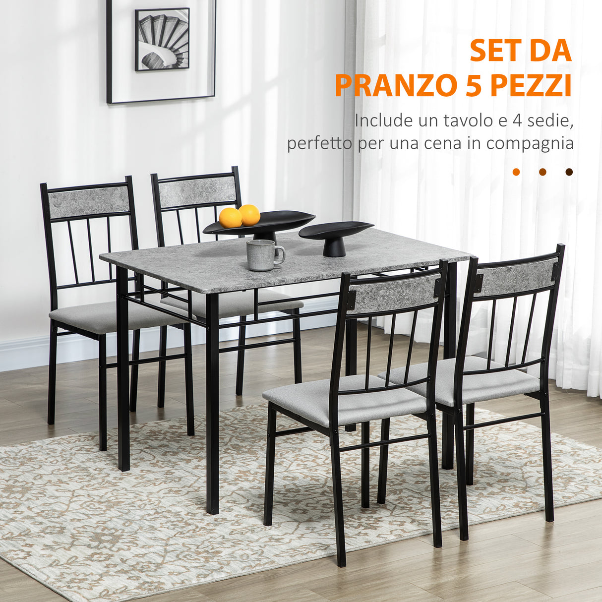 easycomfort easycomfort set tavolo e sedie 5pz tavolo da pranzo rettangolare in metallo e mdf e 4 sedie da pranzo grigio e nero