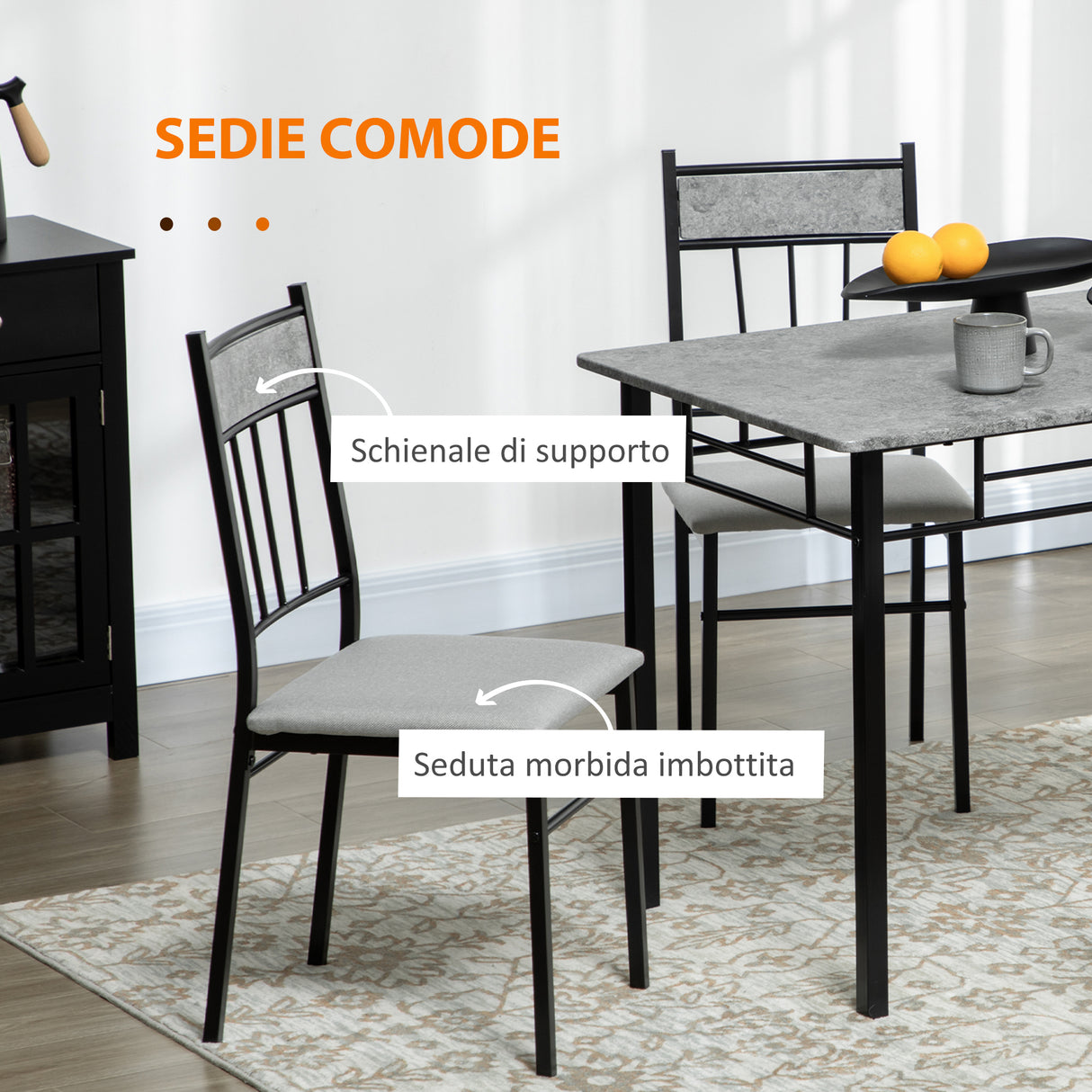 easycomfort easycomfort set tavolo e sedie 5pz tavolo da pranzo rettangolare in metallo e mdf e 4 sedie da pranzo grigio e nero