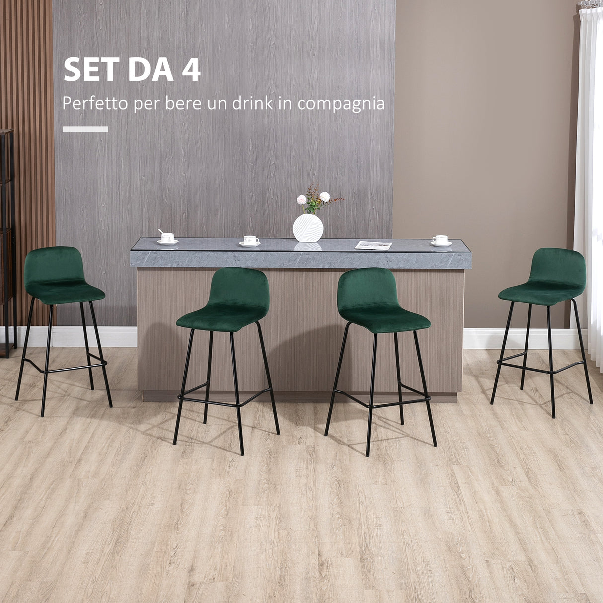 easycomfort easycomfort set 4 sgabelli alti con poggiapiedi per cucina e bar in poliestere vellutato acciaio e gommapiuma 40x45 5x94 cm