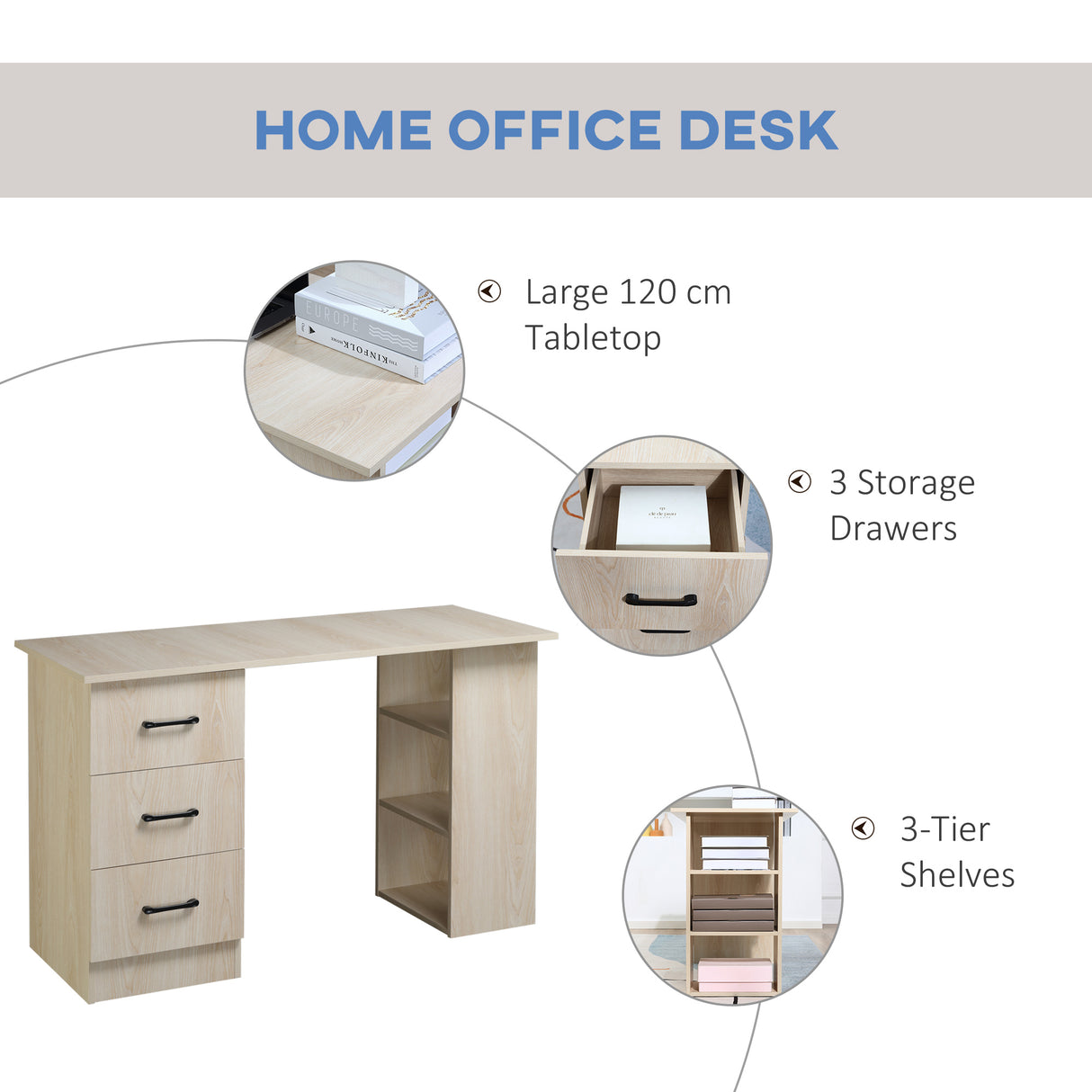 easycomfort easycomfort scrivania pc moderna per camera con 3 cassetti e 3 scaffali in legno per casa e ufficio 120x49x72cm