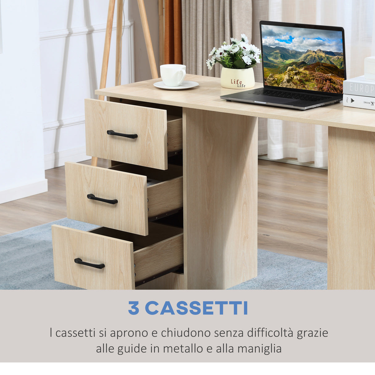 easycomfort easycomfort scrivania pc moderna per camera con 3 cassetti e 3 scaffali in legno per casa e ufficio 120x49x72cm