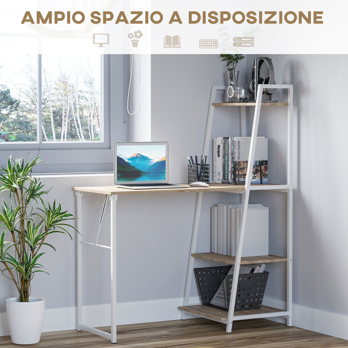 easycomfort easycomfort scrivania pieghevole con libreria salvaspazio in metallo bianco e legno mdf color rovere 106x48x128cm ean 8054144138176