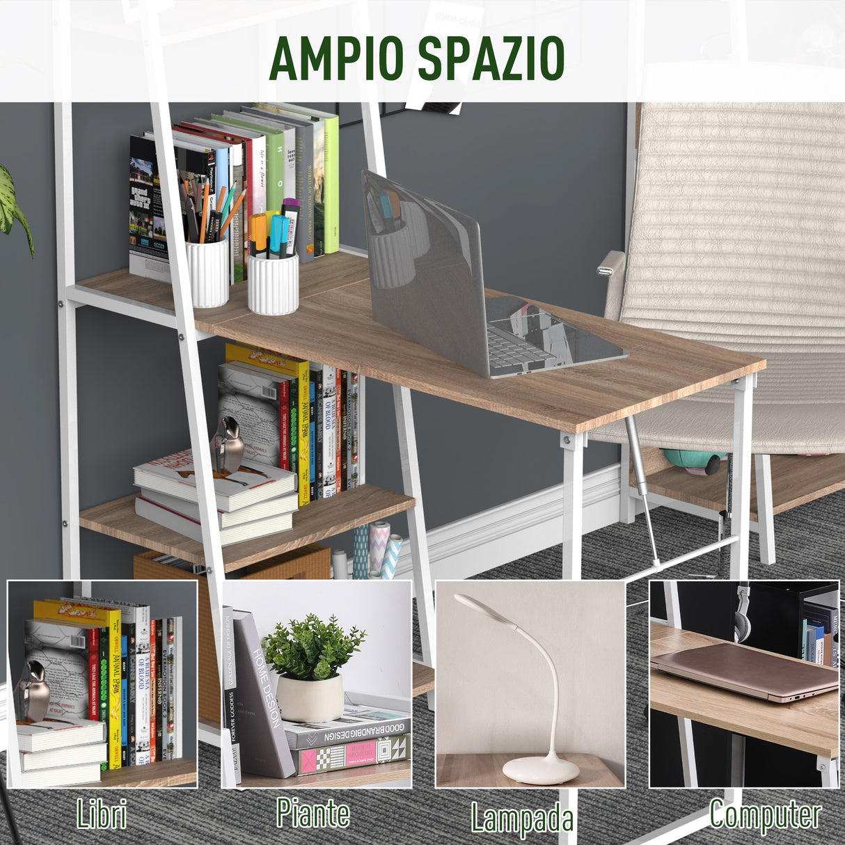 easycomfort easycomfort scrivania pieghevole con libreria salvaspazio in metallo bianco e legno mdf color rovere 106x48x128cm ean 8054144138176