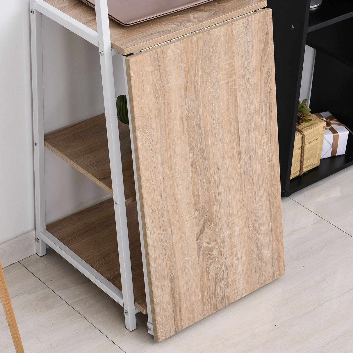 easycomfort easycomfort scrivania pieghevole con libreria salvaspazio in metallo bianco e legno mdf color rovere 106x48x128cm ean 8054144138176