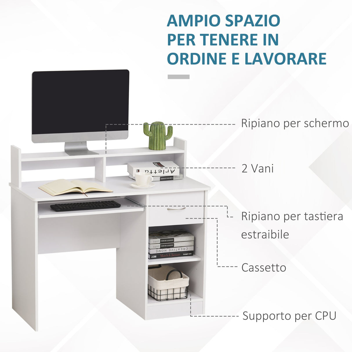 easycomfort easycomfort scrivania per computer compatta scrivania pc fisso in legno bianco con ripiano tastiera estraibile e mensole 104x48x95 5cm ean 8054144130675